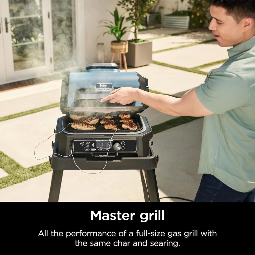 2026 Parrilla y ahumador exterior Ninja Woodfire Pro XL, termómetro, master grill 4 en 1, barbacoa ahumador, freidora de aire exterior, horno, portátil, parrilla eléctrica, gris oscuro, modelo OG850