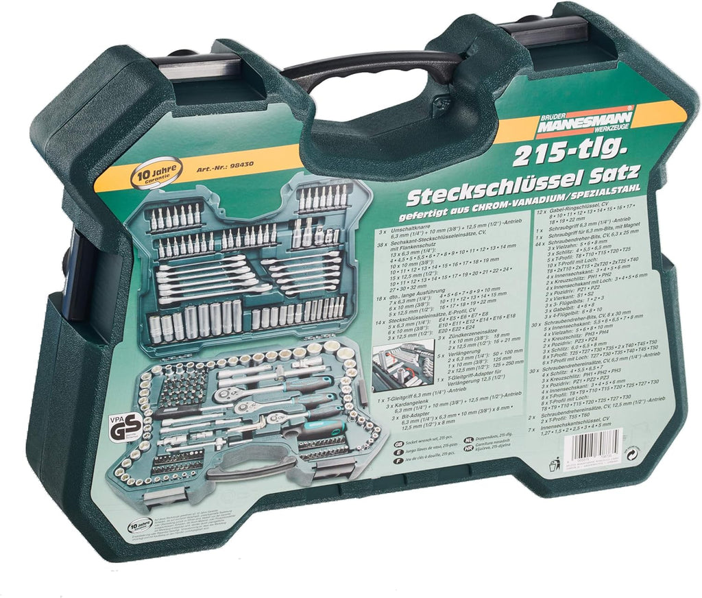 Mannesmann M98430 - Maletín con llaves de vaso y otras herramientas (215 piezas, tamaño: 12x36x51 cm), Color Verde Mannesmann