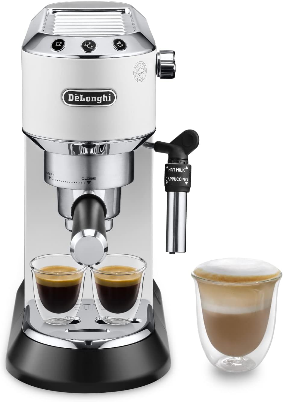 De'Longhi Dedica – Stainless Steel Pump Espresso Coffee Machine for Ground Coffee or Pods, Espresso and Cappuccino, 1.3 L Tank, Anti-Drip System, Model EC685.M, Metallic Colour