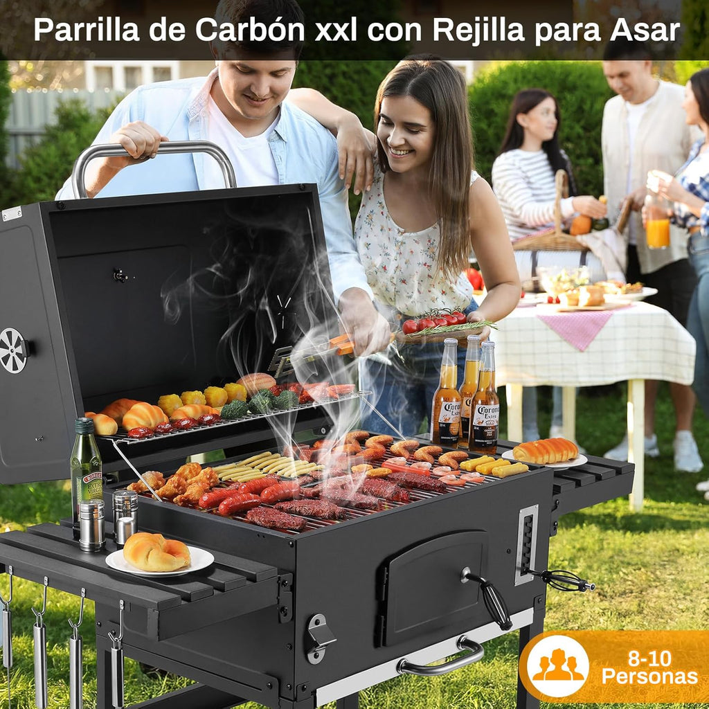 Grill węglowy XXL, grill węglowy z kominem i pokrywą, grill z wózkiem, wędzarnia z kółkami i termometrem, duży grill węglowy na kemping i do ogrodu