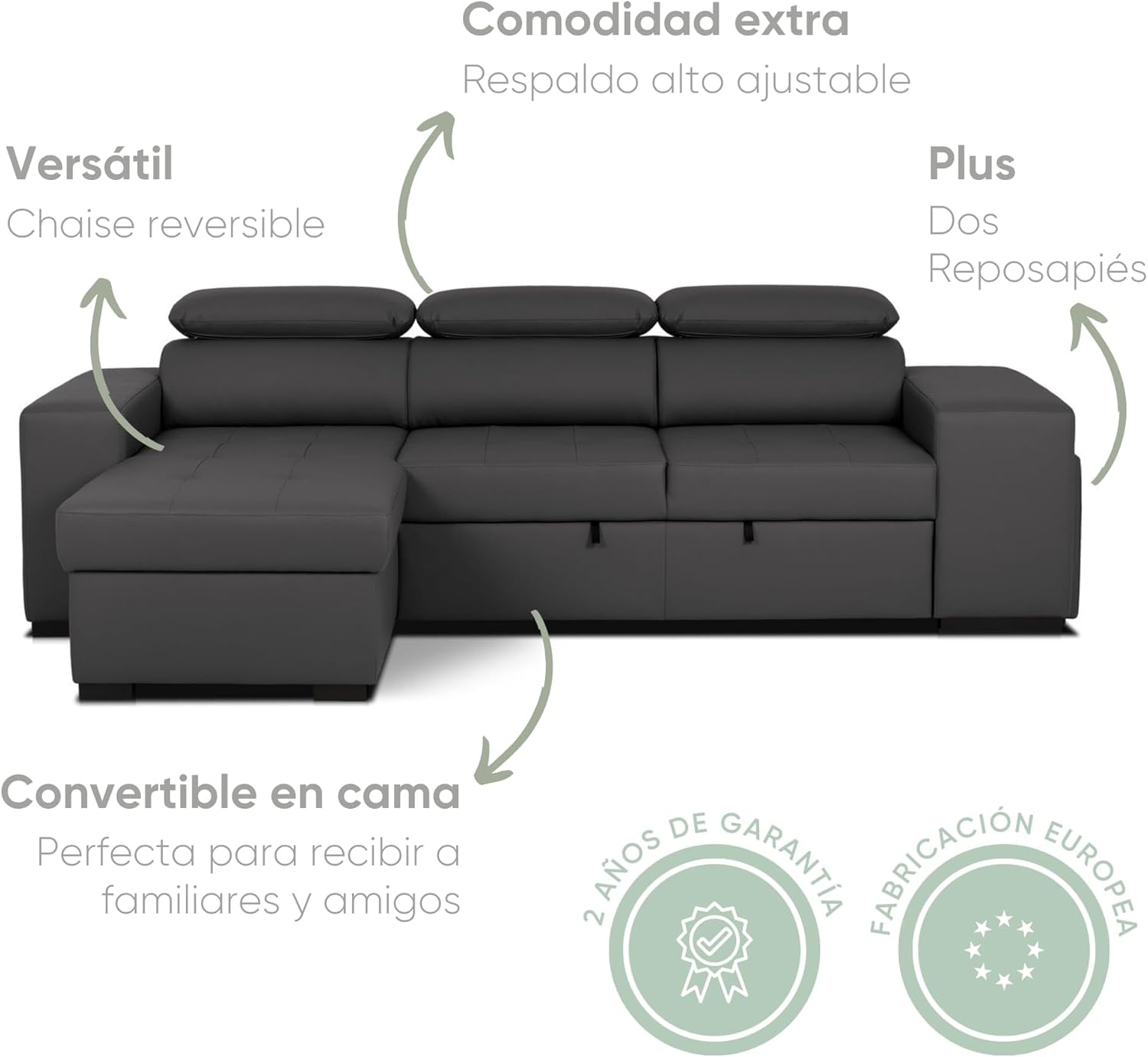 BUDWING John Sofá Cama Esquinero 4 Plazas - Chaise Longue Reversible, Reposacabezas Ajustable y 2 Pufs – Tapizado en Poliuretano – Estilo Moderno – 263x161x96 cm – Negro