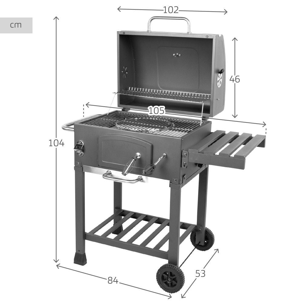 Portable charcoal grill with smoker 102x65x104 cm - steel. Black