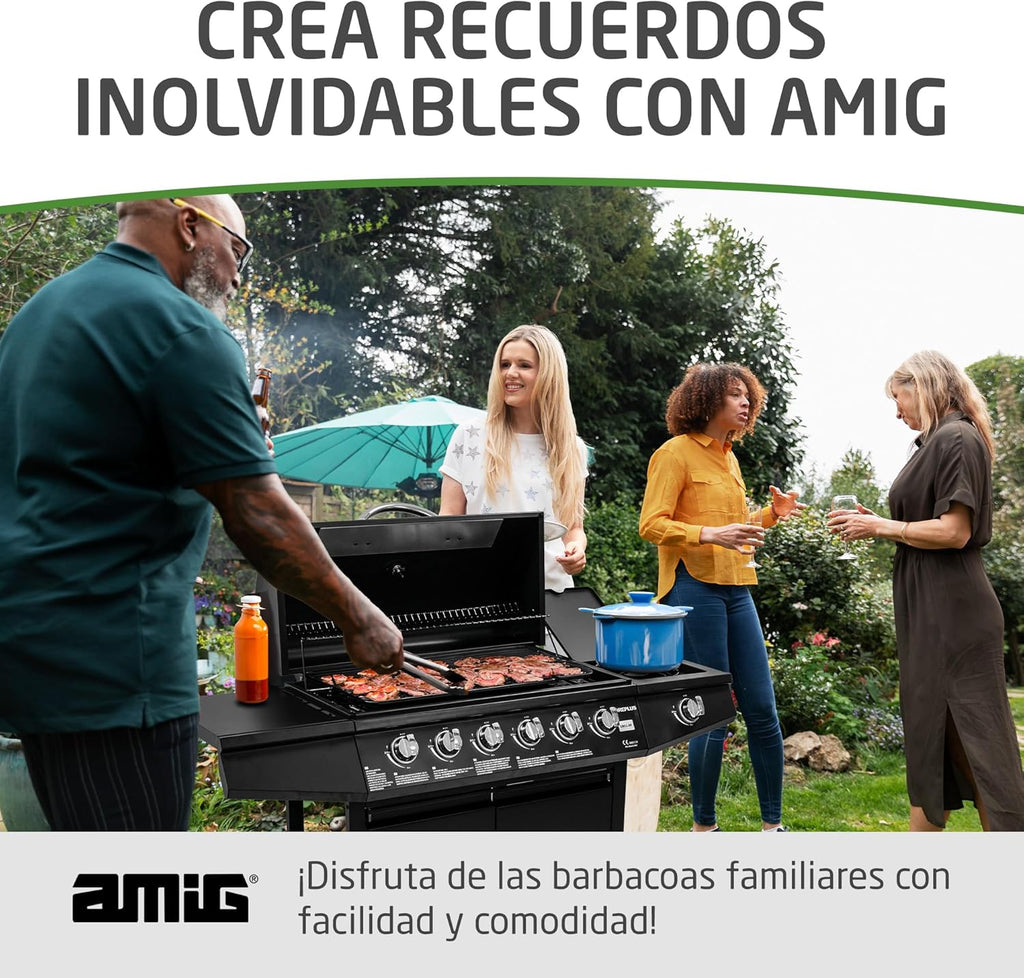 Grill gazowy Fireplus 6+1, 12,9 kW – stal nierdzewna czarna – grill na kółkach, model GRILL-6F – grill XXL z wózkiem i termometrem – 138 x 52 x 103 cm – 7 palników i półka boczna