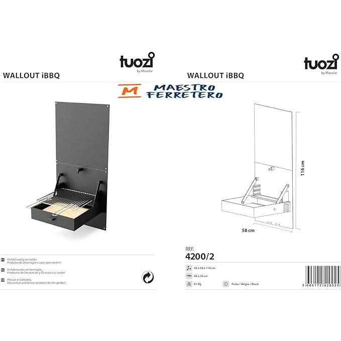 Tuozi - Barbacoa De Obra Para Leña Y Carbón Modelo Wall Ibbq Con Placa De Protección (negro - 58,5 X 57 X 114 Cm) Ref: 4200/2