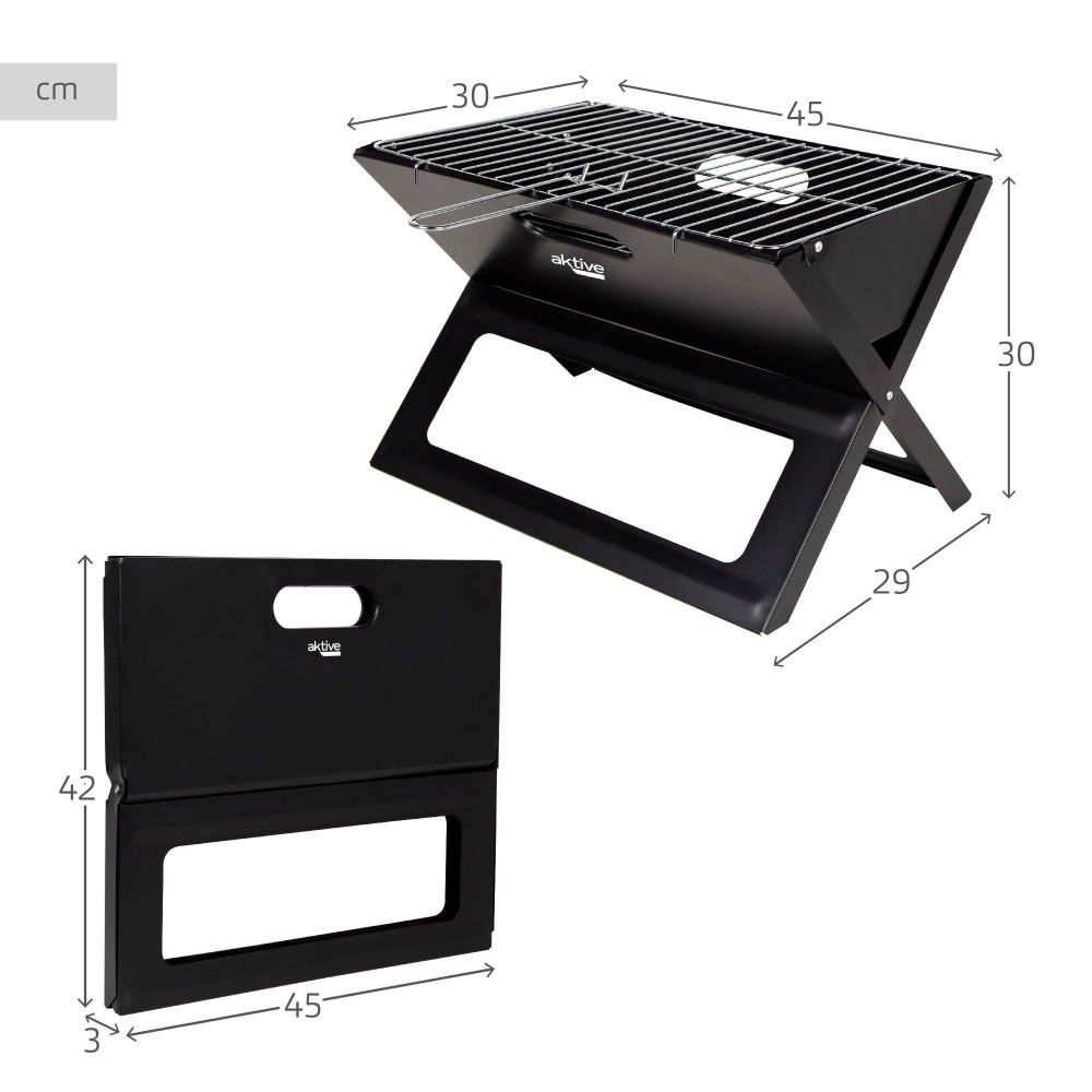 Active portable and foldable charcoal grill, 45x29x30 cm, steel, with carrying handle
