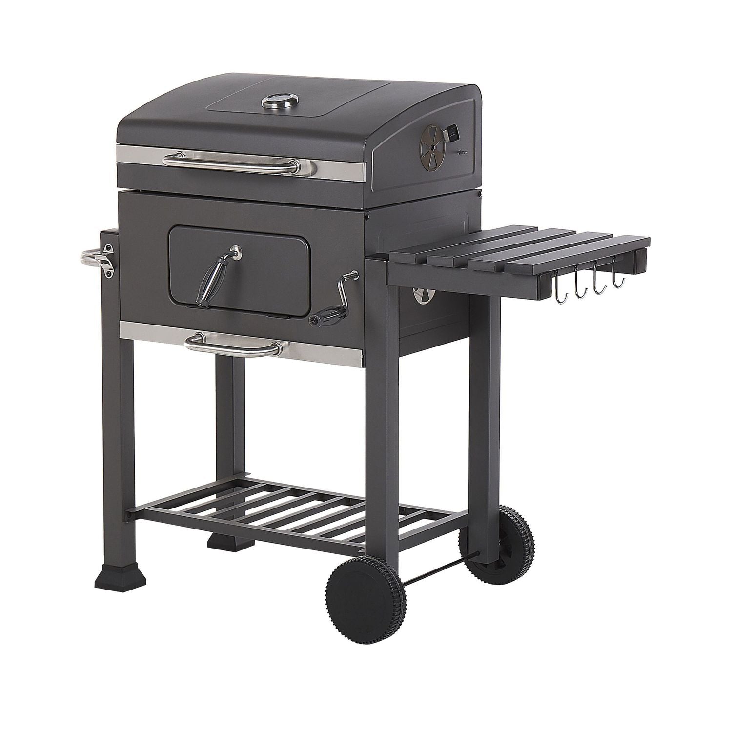 Charcoal BBQ grill, steel grey, with lid, grate, wheels, 2 shelves, thermometer, removable ash tray, Garden Pavlof - grey