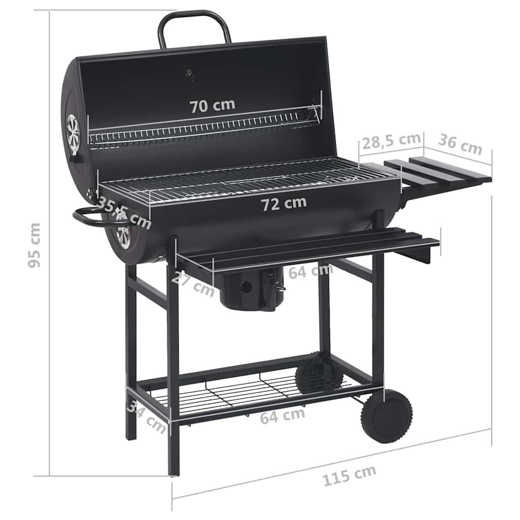 2026 Barbacoa con ruedas y estantes, negra, acero, 115 x 85 x 95 cm, barbacoa exterior