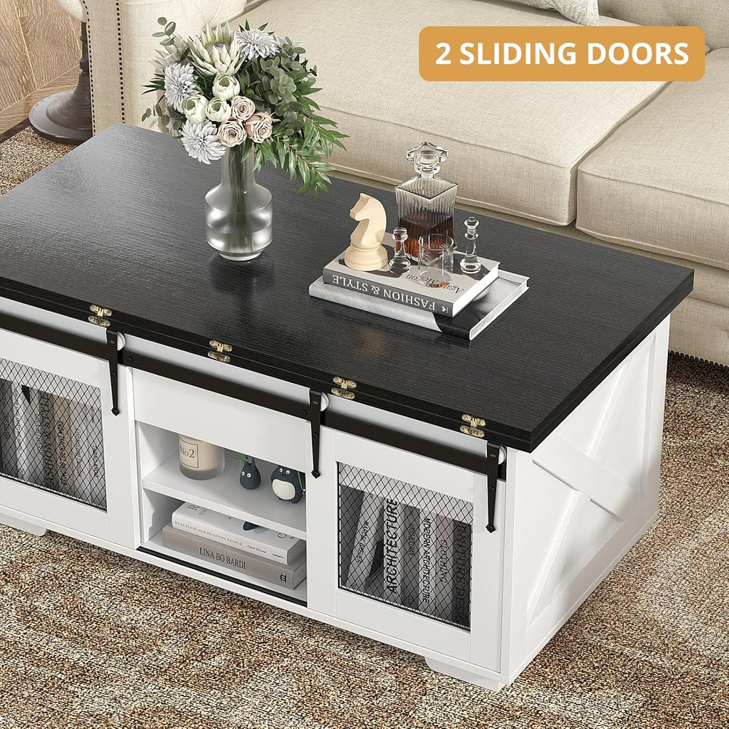 VOWNER Mesa de Centro Elevable, Mesa Extensible, Multifuncional 3 en 1 con Almacenamiento Oculto - Comedor, Convertible, Estilo Granja, Nogal