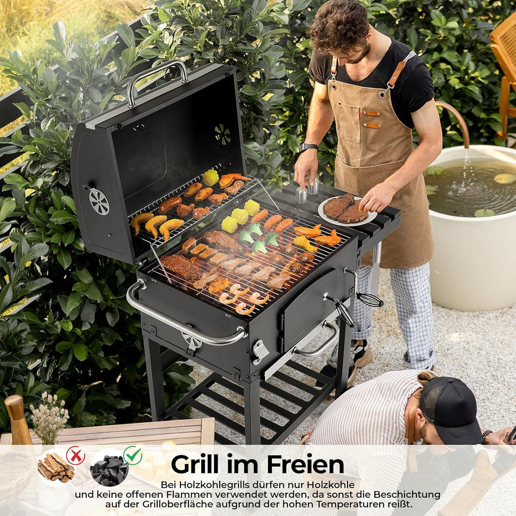 Grill węglowy XXL, grill węglowy z kominem i pokrywą, grill z wózkiem, wędzarnia z kółkami i termometrem, duży grill węglowy na kemping i do ogrodu