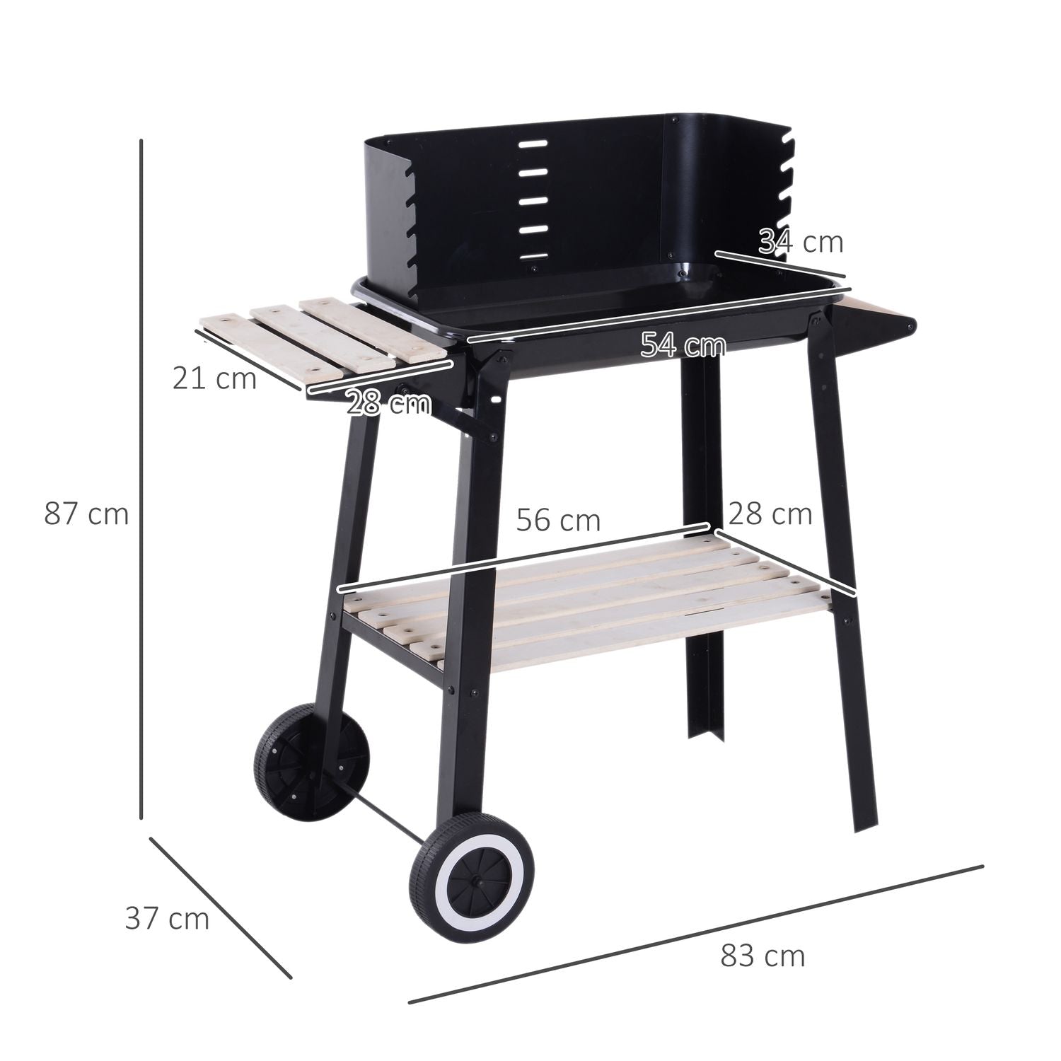 Outsunny grill węglowy z kółkami i półką 83x37x87 cm, czarny