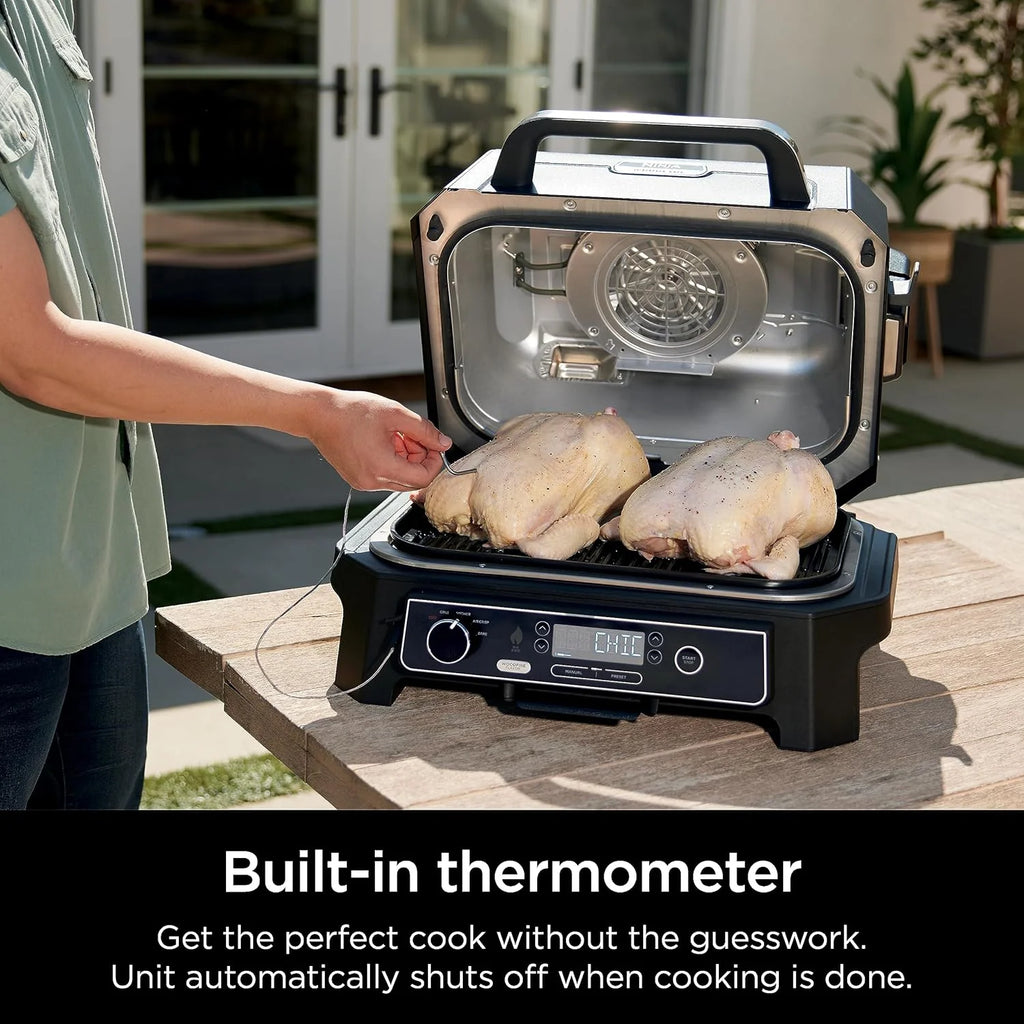 2026 Parrilla y ahumador exterior Ninja Woodfire Pro XL, termómetro, master grill 4 en 1, barbacoa ahumador, freidora de aire exterior, horno, portátil, parrilla eléctrica, gris oscuro, modelo OG850
