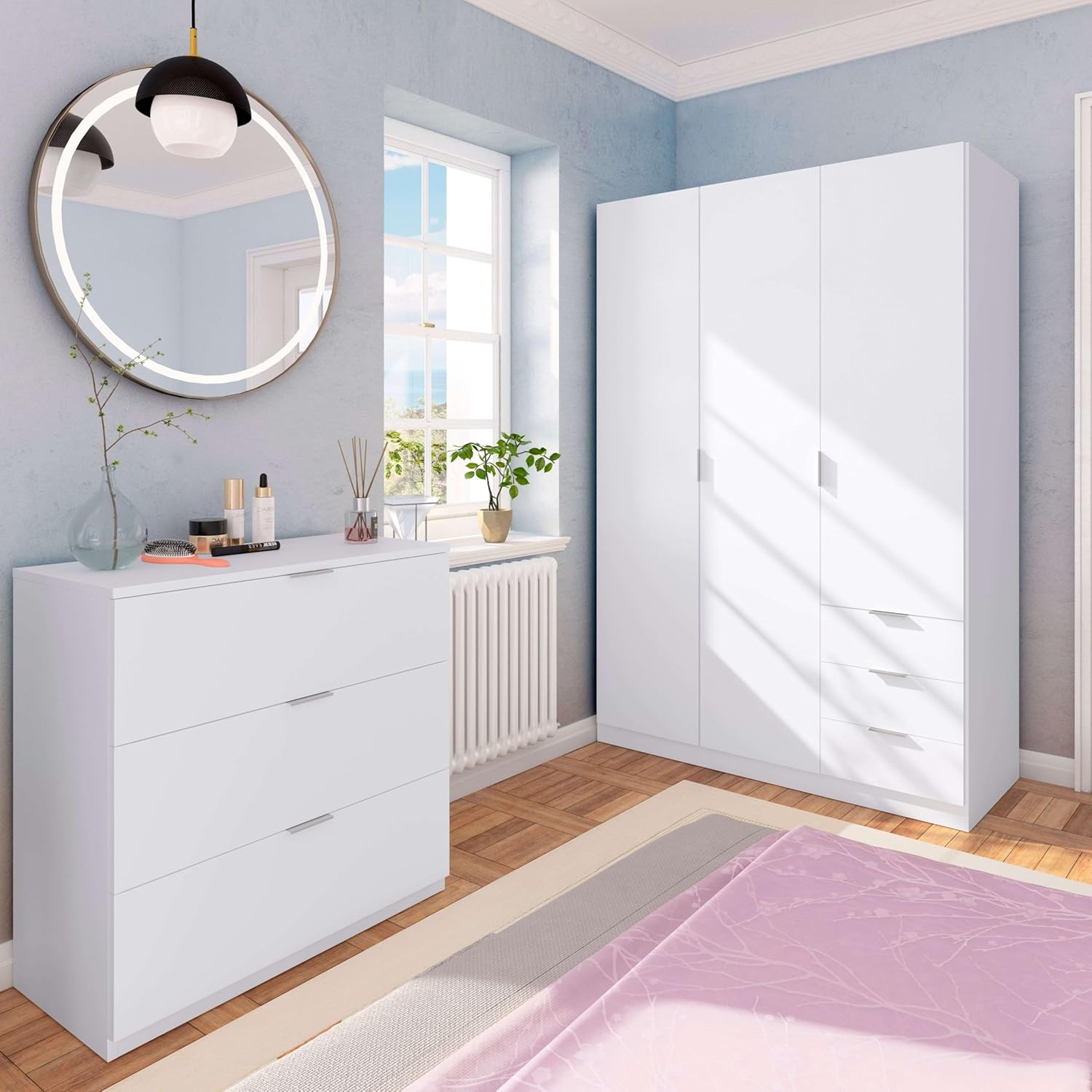 Szafa na ubrania Habitdesign z trzema drzwiami i trzema szufladami, wykończenie w kolorze białym arktycznym, wymiary: 121 cm (szer.) x 180 cm (wys.) x 52 cm (gł.)