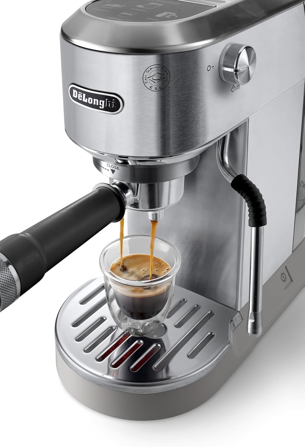 De'Longhi Dedica – Stainless Steel Pump Espresso Coffee Machine for Ground Coffee or Pods, Espresso and Cappuccino, 1.3 L Tank, Anti-Drip System, Model EC685.M, Metallic Colour