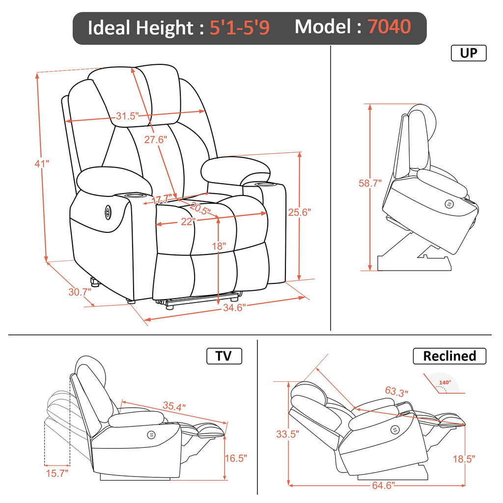 Mcombo Sillón Reclinable Eléctrico con Masaje y Carga USB