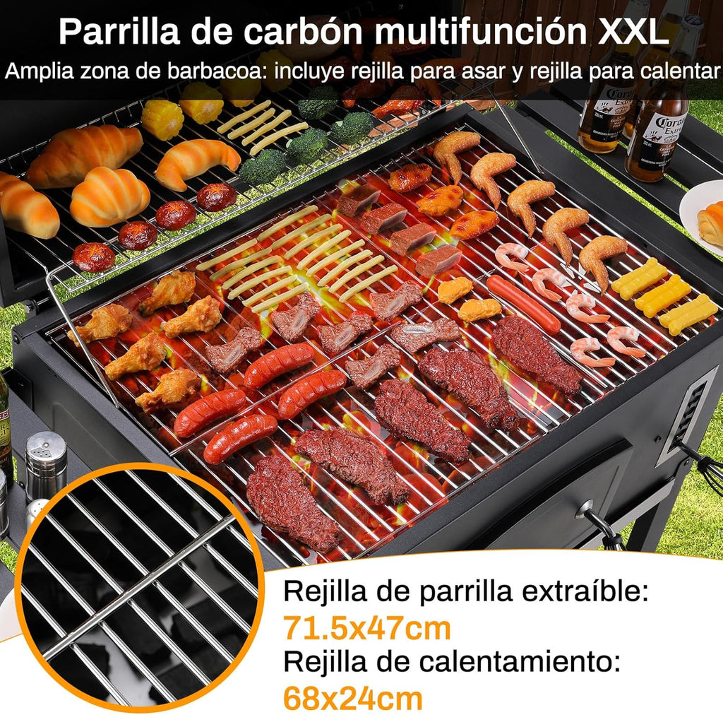 Grill węglowy XXL, grill węglowy z kominem i pokrywą, grill z wózkiem, wędzarnia z kółkami i termometrem, duży grill węglowy na kemping i do ogrodu