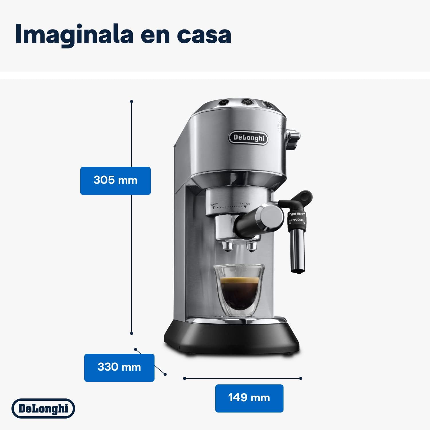 De'Longhi Dedica – Stainless Steel Pump Espresso Coffee Machine for Ground Coffee or Pods, Espresso and Cappuccino, 1.3 L Tank, Anti-Drip System, Model EC685.M, Metallic Colour
