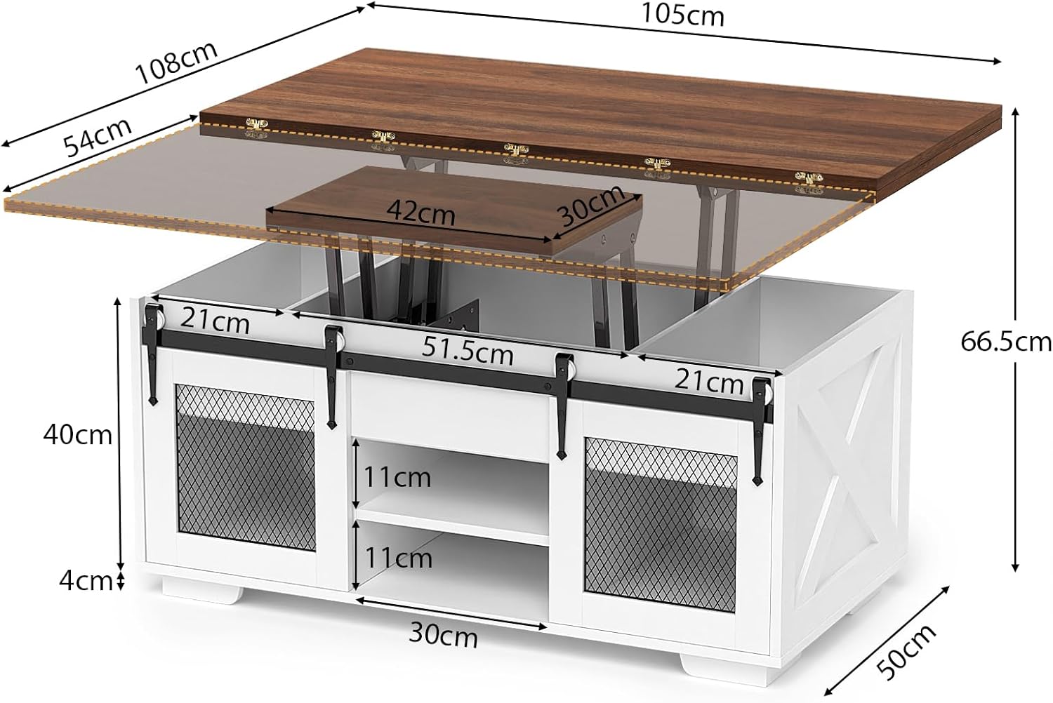 VOWNER Mesa de Centro Elevable, Mesa Extensible, Multifuncional 3 en 1 con Almacenamiento Oculto - Comedor, Convertible, Estilo Granja, Nogal