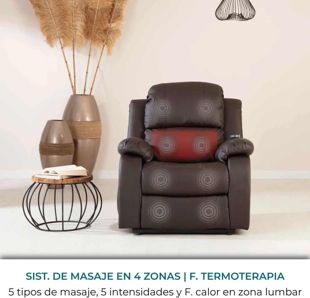 Don Descanso - Sillón Masaje Relax Calor Trevi Negro Reclinable 160º con 8 Motores Silenciosos, Calor Lumbar, Sist. Masaje 4 Zonas y Acabado en PU Anti-Cuarteo [Incluye Mando]. Ideal Gente Mayor