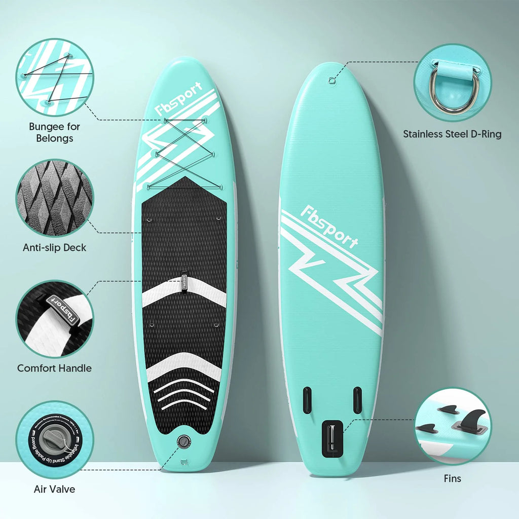 2025 FBSPORT Inflatable Stand Up Paddle Board, 15cm Thick, Complete Kit with Adjustable Aluminum Paddle and Pump (Green)
