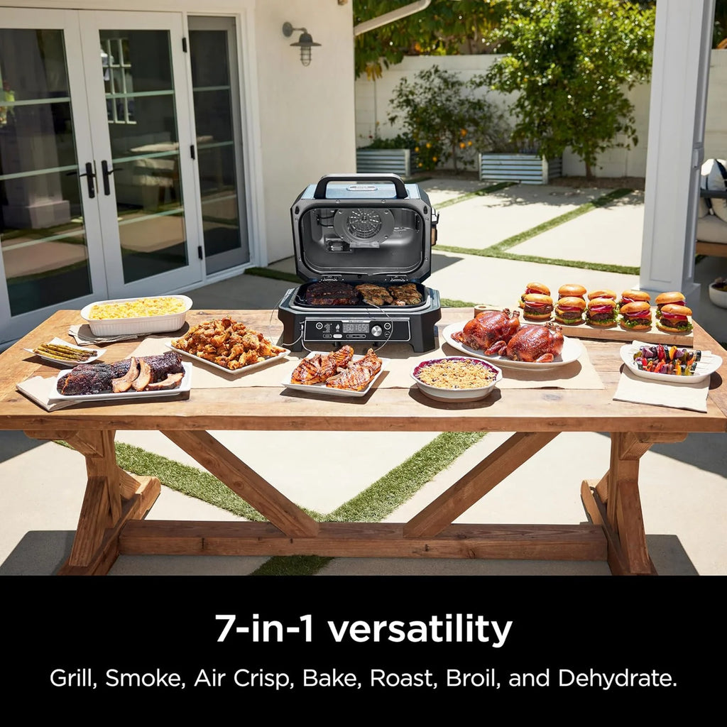 Ninja Woodfire Pro XL 2025, grill i wędzarnia zewnętrzna, termometr, grill Master 4 w 1, wędzarnia BBQ, frytkownica powietrzna na zewnątrz, piekarnik, przenośny, grill elektryczny, ciemnoszary, model OG850