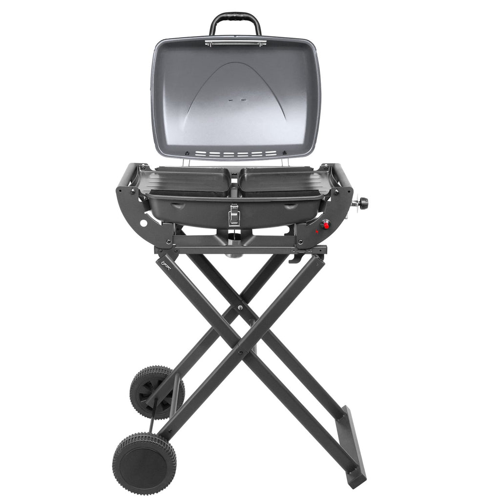 Portable folding gas grill 3.6 kW, wheels, legs, shelf