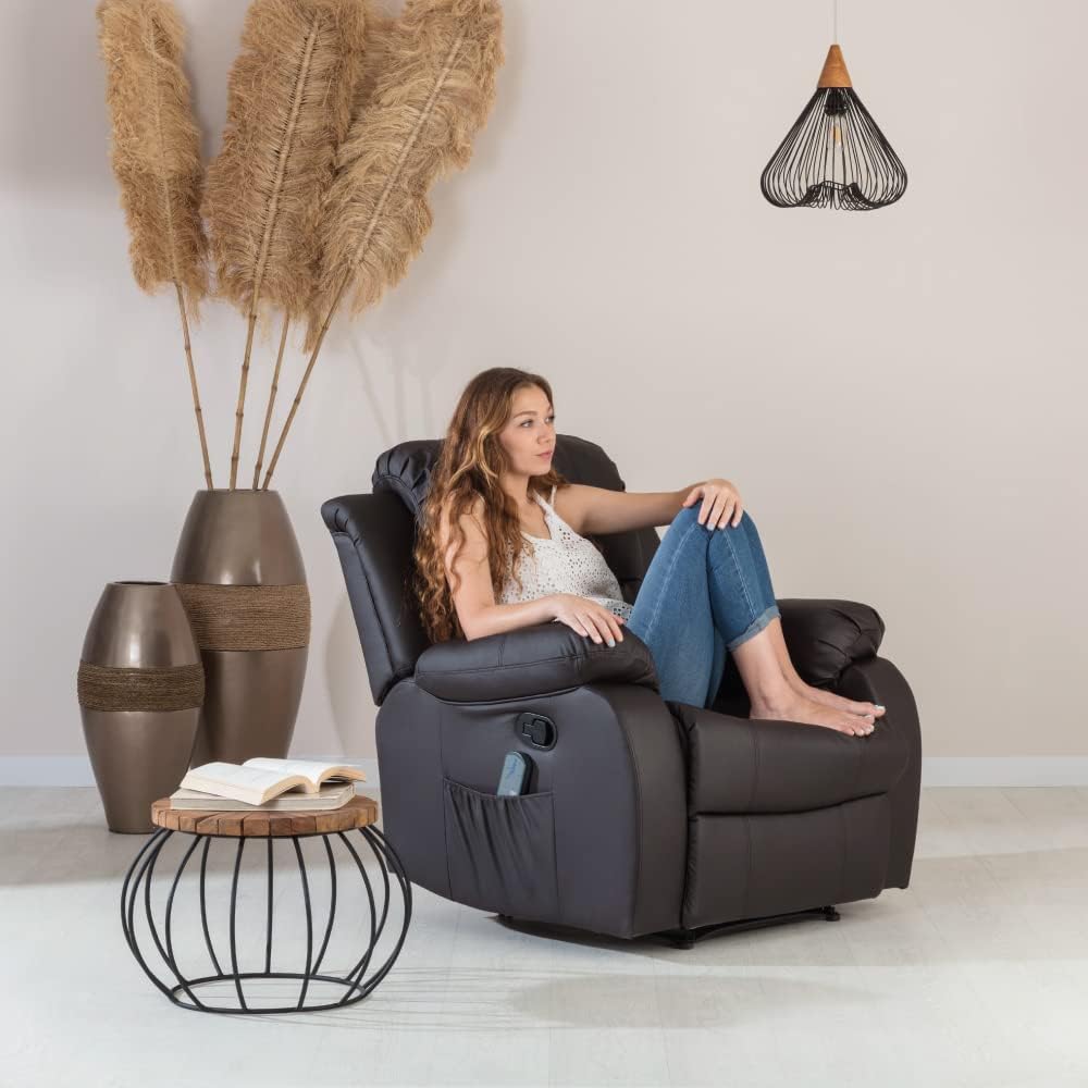 Don Descanso - Sillón Masaje Relax Calor Trevi Negro Reclinable 160º con 8 Motores Silenciosos, Calor Lumbar, Sist. Masaje 4 Zonas y Acabado en PU Anti-Cuarteo [Incluye Mando]. Ideal Gente Mayor