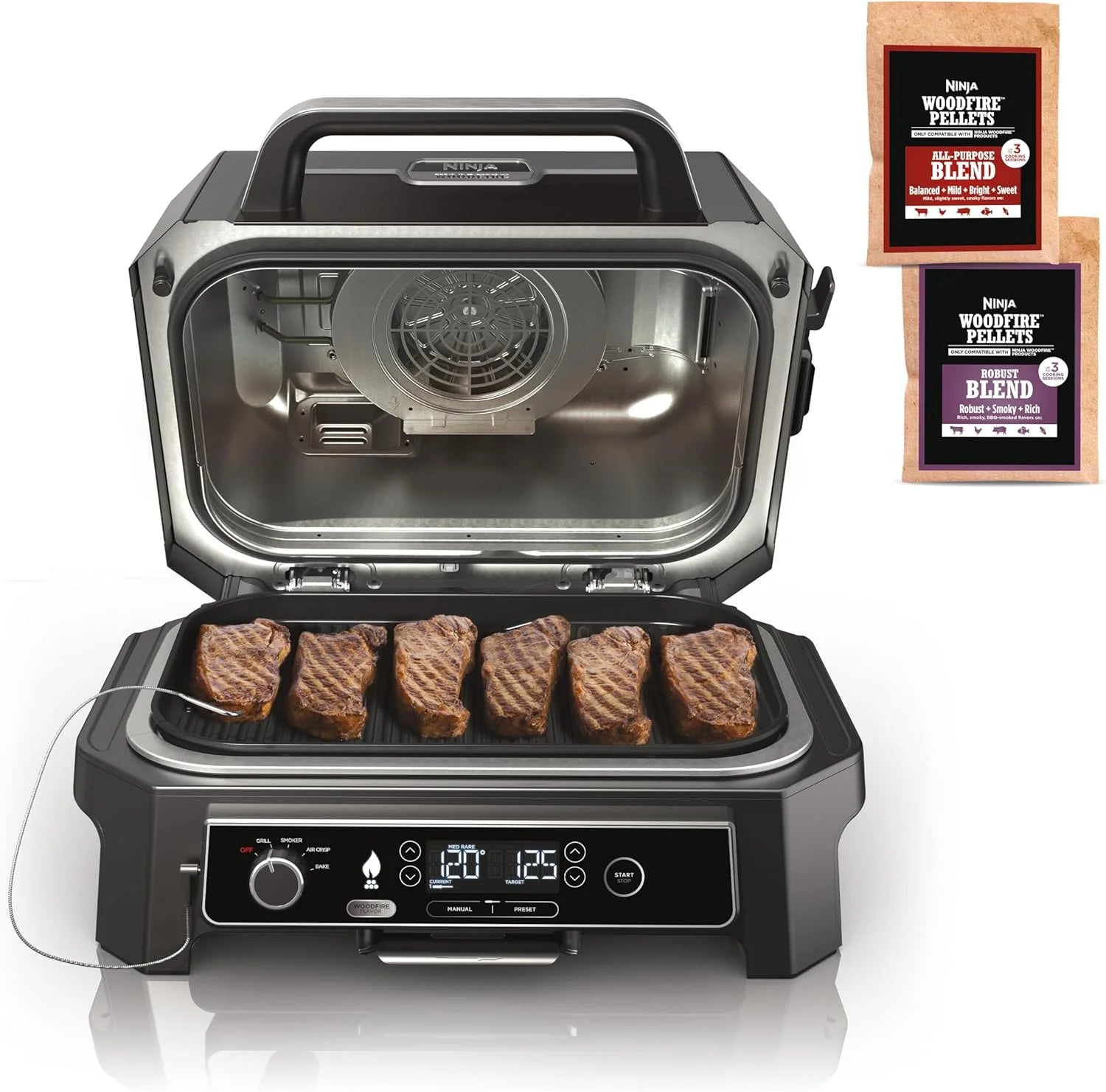 2026 Parrilla y ahumador exterior Ninja Woodfire Pro XL, termómetro, master grill 4 en 1, barbacoa ahumador, freidora de aire exterior, horno, portátil, parrilla eléctrica, gris oscuro, modelo OG850