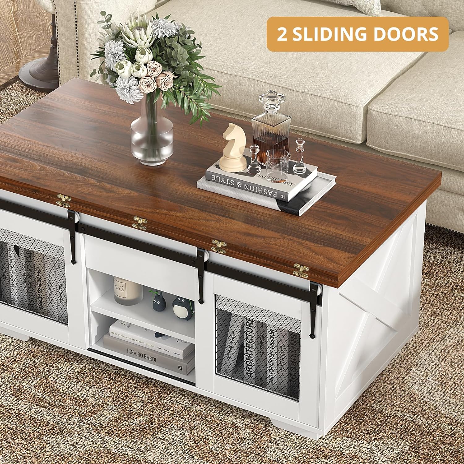 VOWNER Mesa de Centro Elevable, Mesa Extensible, Multifuncional 3 en 1 con Almacenamiento Oculto - Comedor, Convertible, Estilo Granja, Nogal