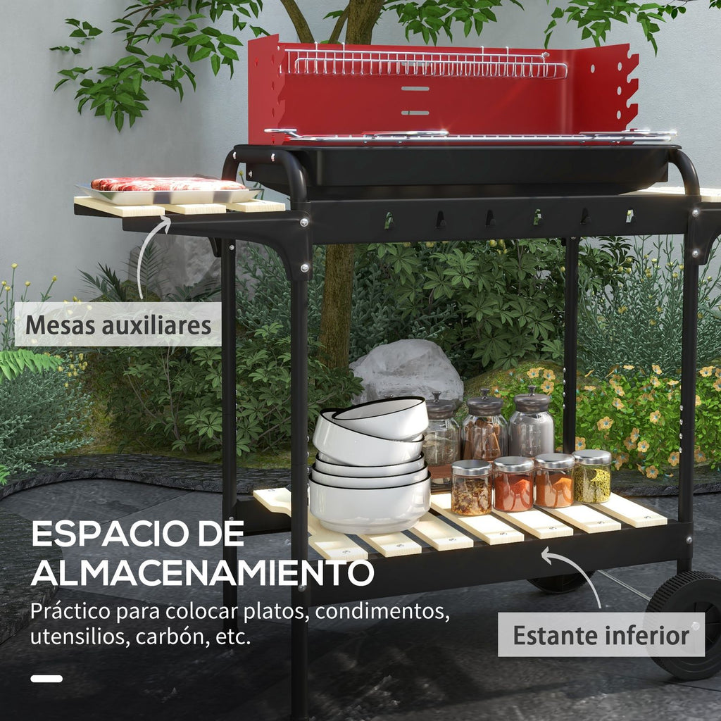 Outsunny grill węglowy, metalowy, sosnowy, 103x47x95 cm, czerwono-czarny
