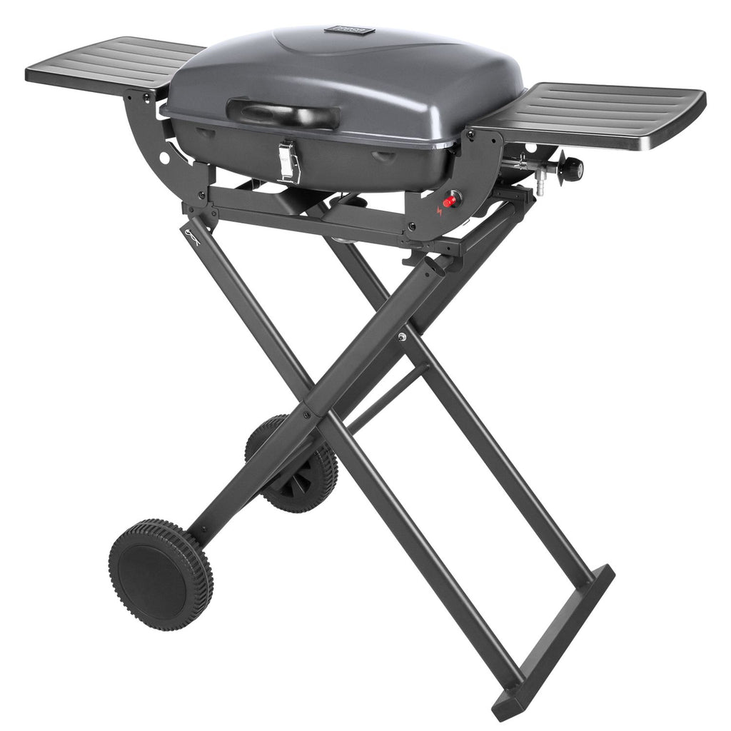 Portable folding gas grill 3.6 kW, wheels, legs, shelf