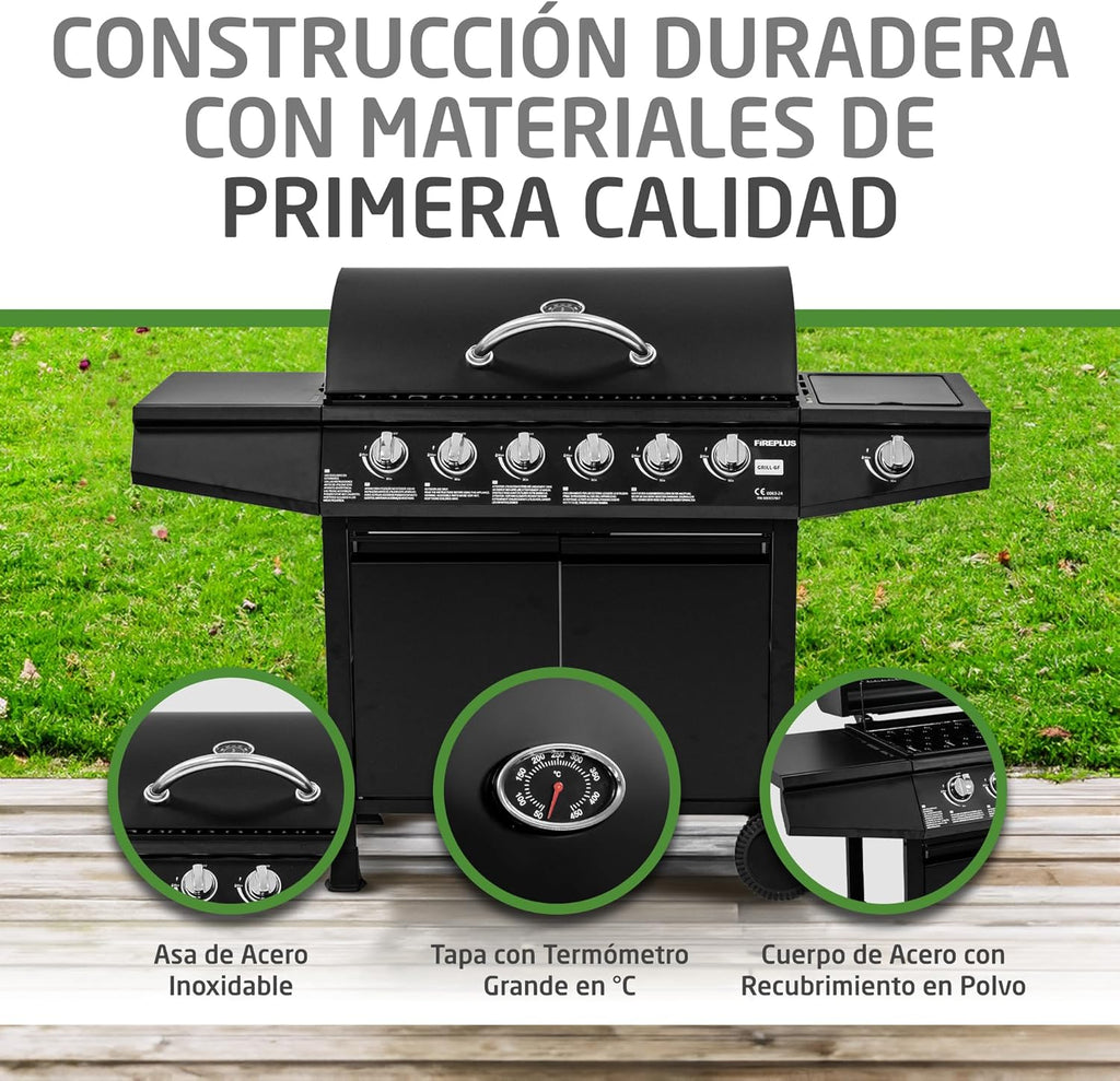 Grill gazowy Fireplus 6+1, 12,9 kW – stal nierdzewna czarna – grill na kółkach, model GRILL-6F – grill XXL z wózkiem i termometrem – 138 x 52 x 103 cm – 7 palników i półka boczna