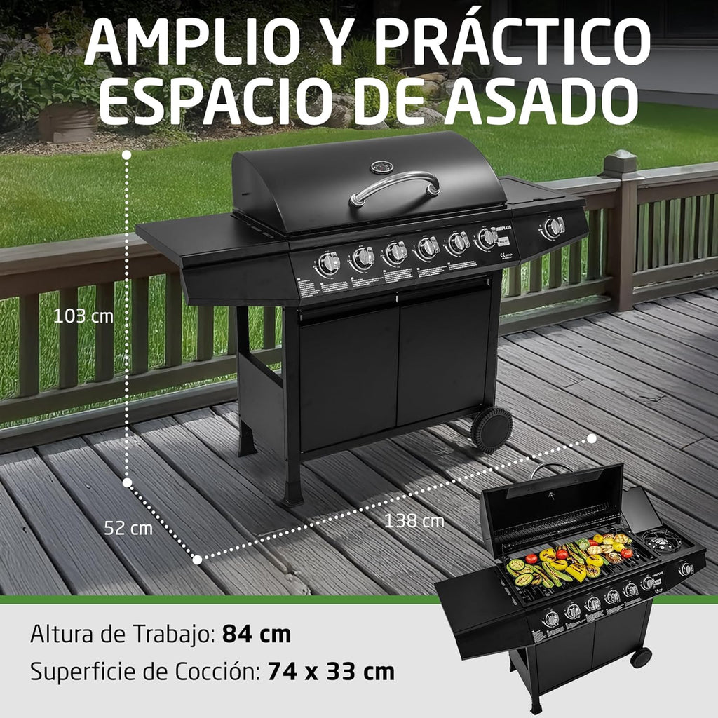 Grill gazowy Fireplus 6+1, 12,9 kW – stal nierdzewna czarna – grill na kółkach, model GRILL-6F – grill XXL z wózkiem i termometrem – 138 x 52 x 103 cm – 7 palników i półka boczna