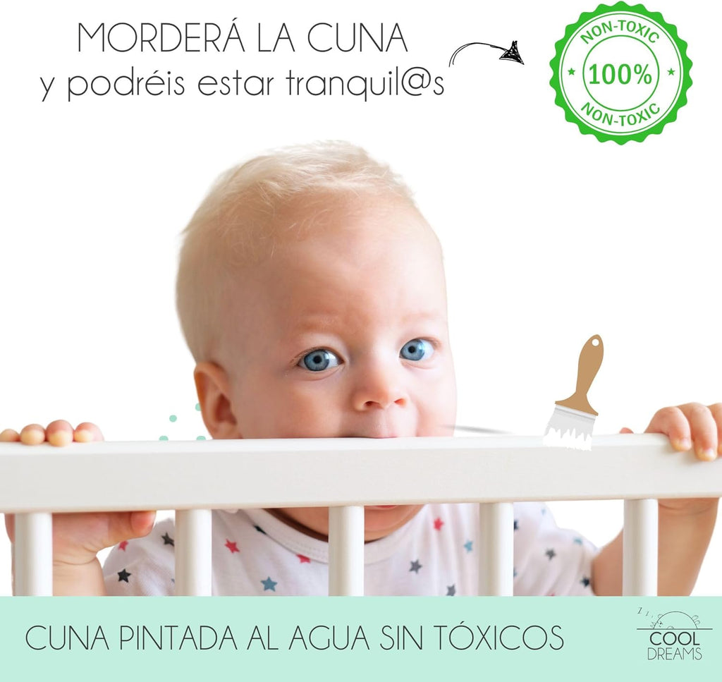 Cuna Colecho de Bebe, Kit para Unir la Cuna con la Cama, Colchón HR Morfeo Certificado Oeko-Tex® y CertiPUR, 4 Ruedas, Sábana Bajera y Encimera de Algodón Natural. Indi CoolDreams CoolDreams