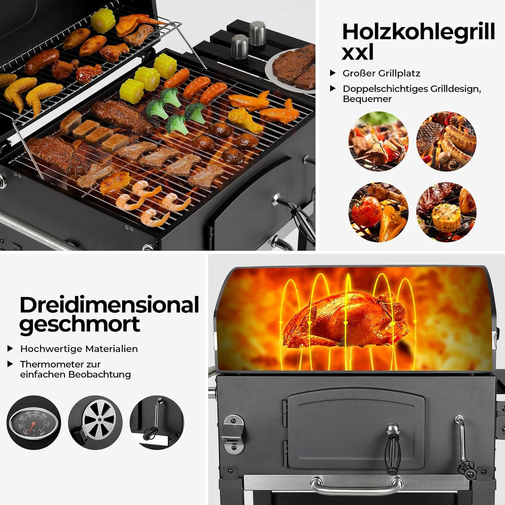 Grill węglowy XXL, grill węglowy z kominem i pokrywą, grill z wózkiem, wędzarnia z kółkami i termometrem, duży grill węglowy na kemping i do ogrodu