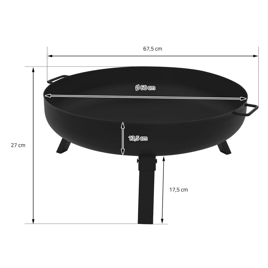 Steel fire pit with tripod for barbecue