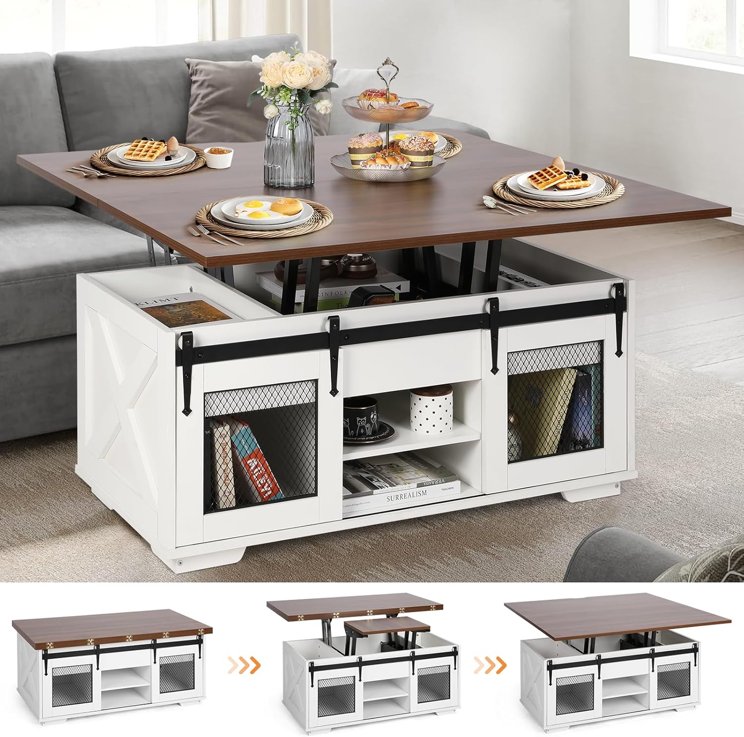 VOWNER Mesa de Centro Elevable, Mesa Extensible, Multifuncional 3 en 1 con Almacenamiento Oculto - Comedor, Convertible, Estilo Granja, Nogal