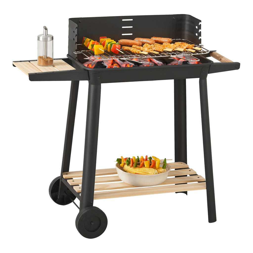 Ari charcoal grill with 2 wheels 78x86x30cm - black/wood [casa.pro]