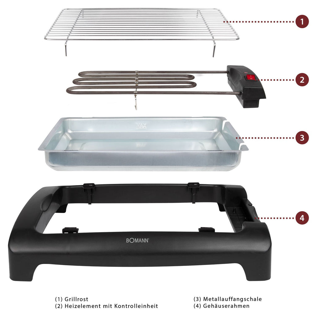 Bomann Bq 1240 - Barbacoa Eléctrica Con Parrilla Cromada De 35,5 X 24,5 Cm, 2000 W, Color Negro