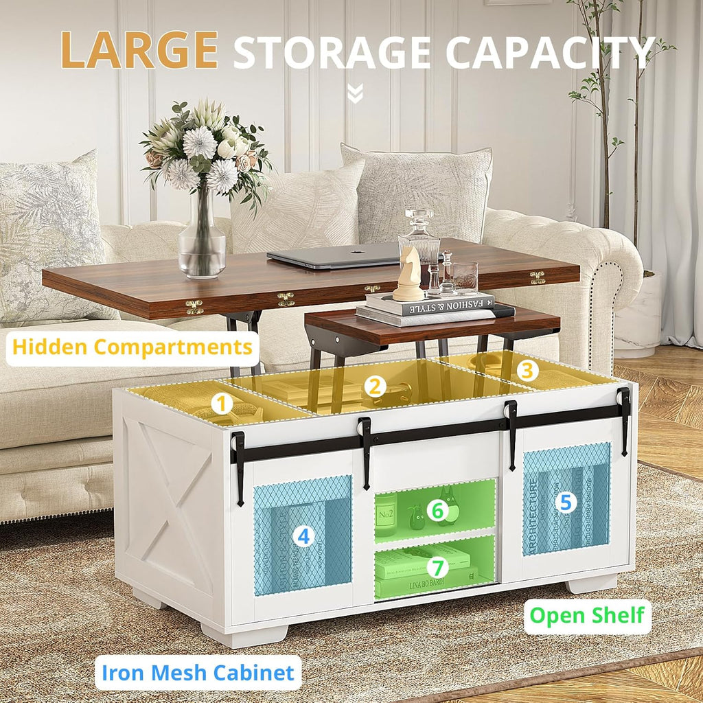 VOWNER Mesa de Centro Elevable, Mesa Extensible, Multifuncional 3 en 1 con Almacenamiento Oculto - Comedor, Convertible, Estilo Granja, Nogal