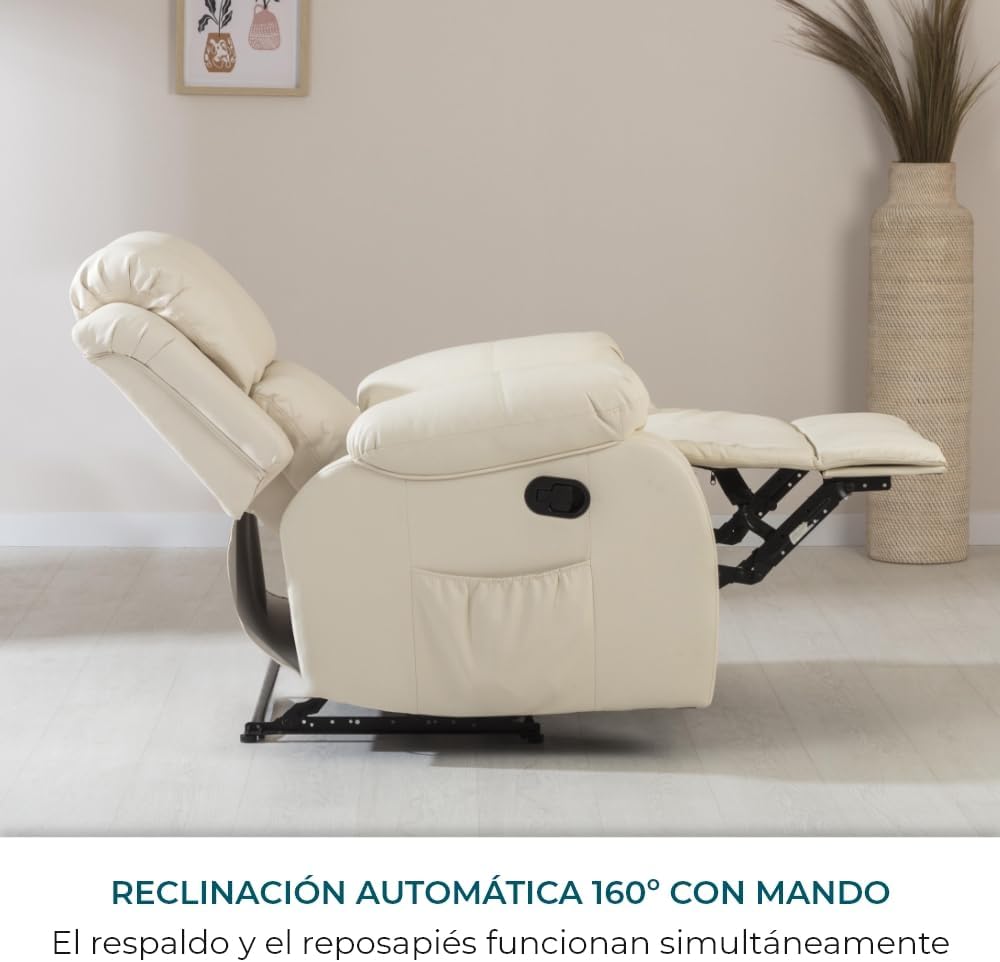 Don Descanso - Sillón Masaje Relax Calor Trevi Negro Reclinable 160º con 8 Motores Silenciosos, Calor Lumbar, Sist. Masaje 4 Zonas y Acabado en PU Anti-Cuarteo [Incluye Mando]. Ideal Gente Mayor
