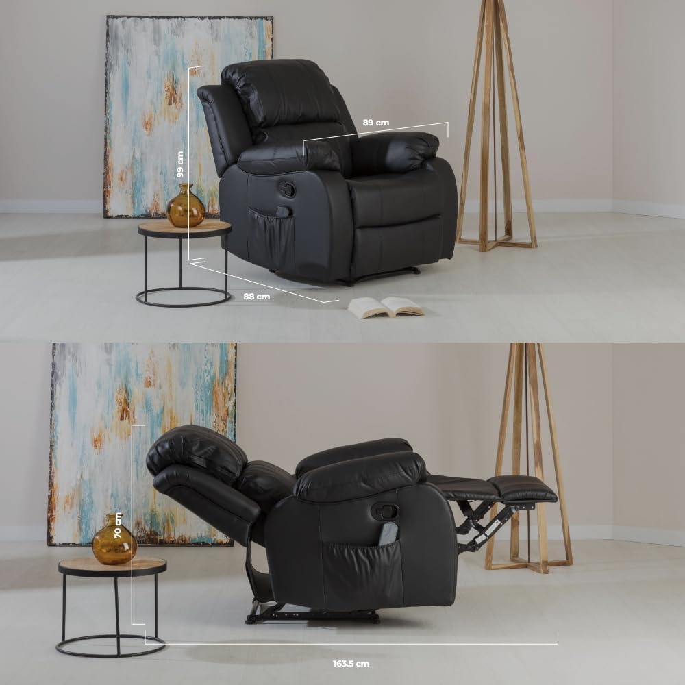 Don Descanso - Sillón Masaje Relax Calor Trevi Negro Reclinable 160º con 8 Motores Silenciosos, Calor Lumbar, Sist. Masaje 4 Zonas y Acabado en PU Anti-Cuarteo [Incluye Mando]. Ideal Gente Mayor
