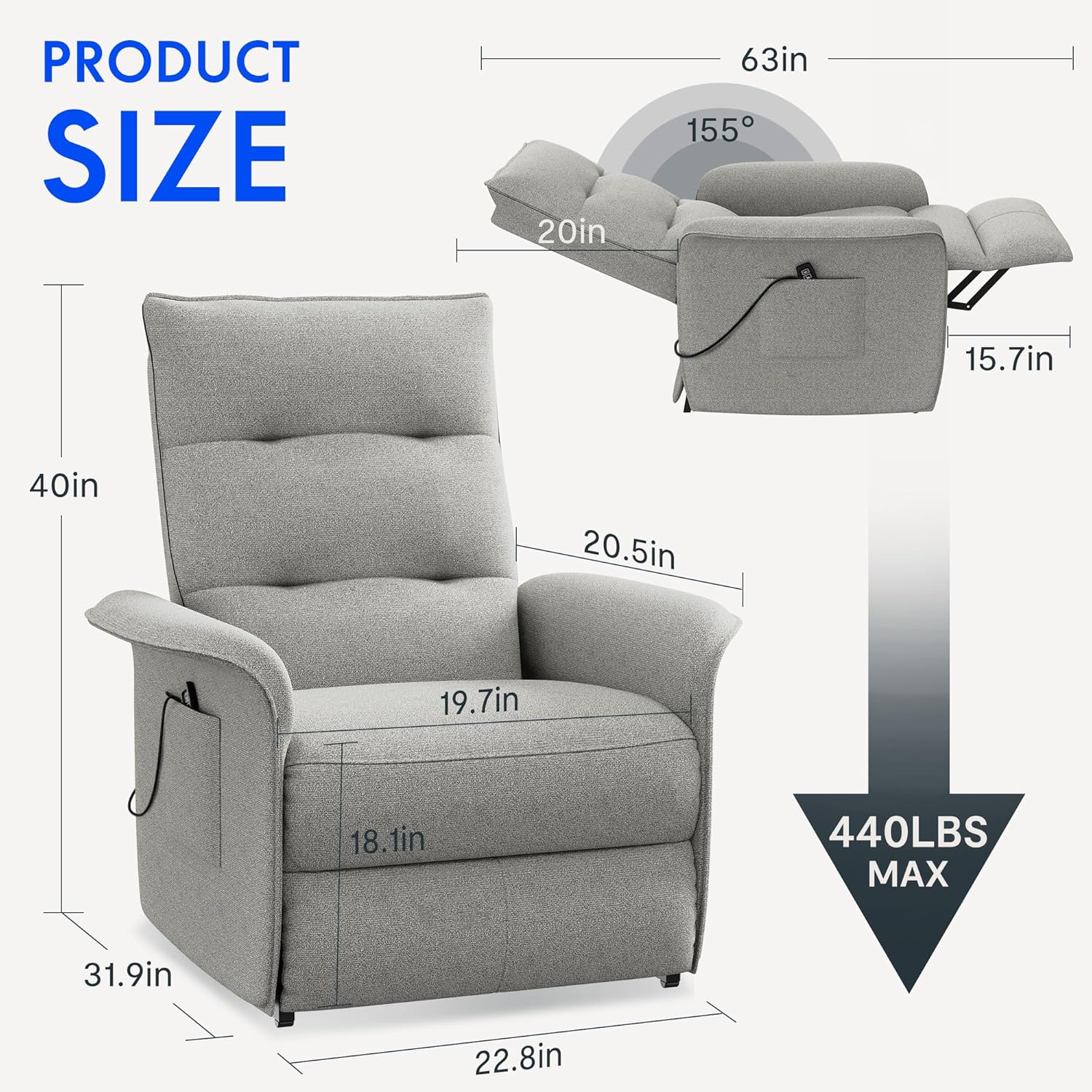 FLEXISPOT Sillón de Relax Eléctrico con Respaldo Ajustable, Reclinable de 105° a 155°, Sillon Reclinable, Sofá Relax Ergonómico Sillón para Dormitorio, Salón y Cine en casa (Gris Oscuro)