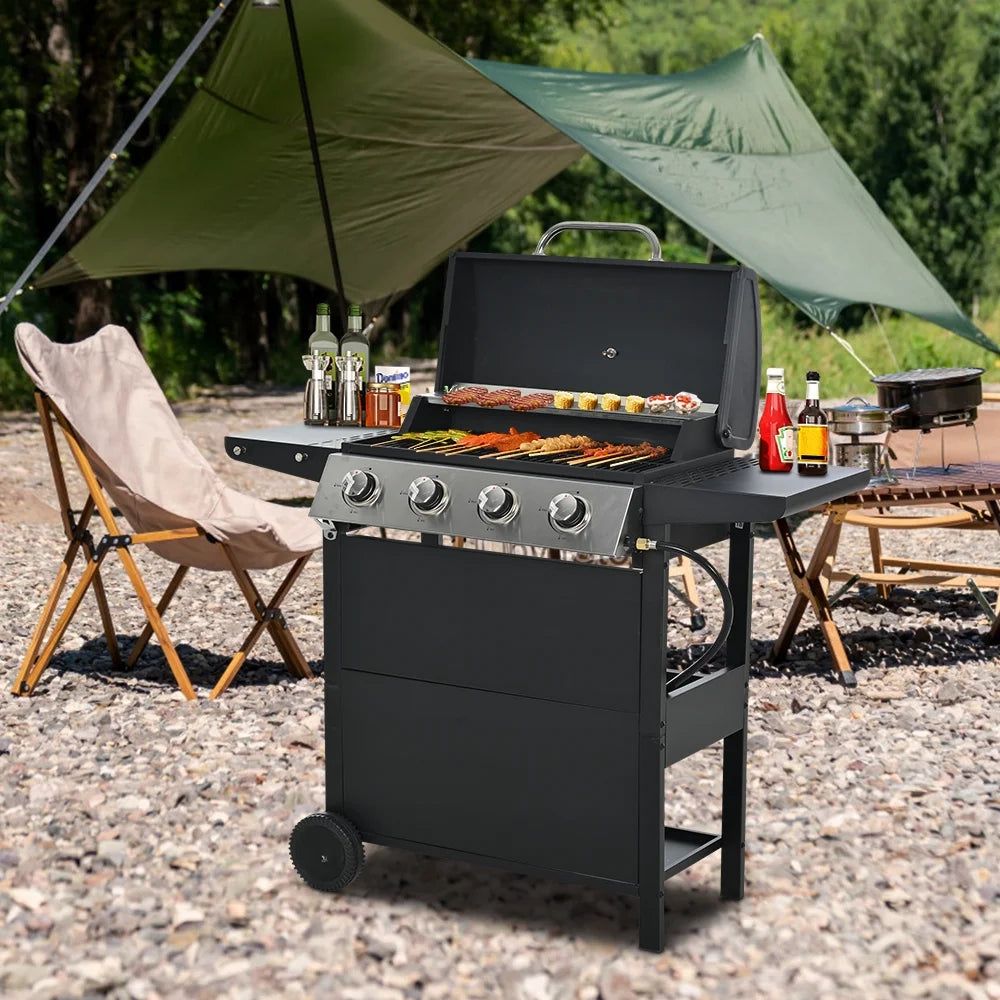 Grill gazowy SEGMART 2025 ze stali nierdzewnej z 4 palnikami – 34 200 BTU, do ogrodu/na taras z dwiema składanymi półkami i termometrem, idealny na kemping i do gotowania na świeżym powietrzu