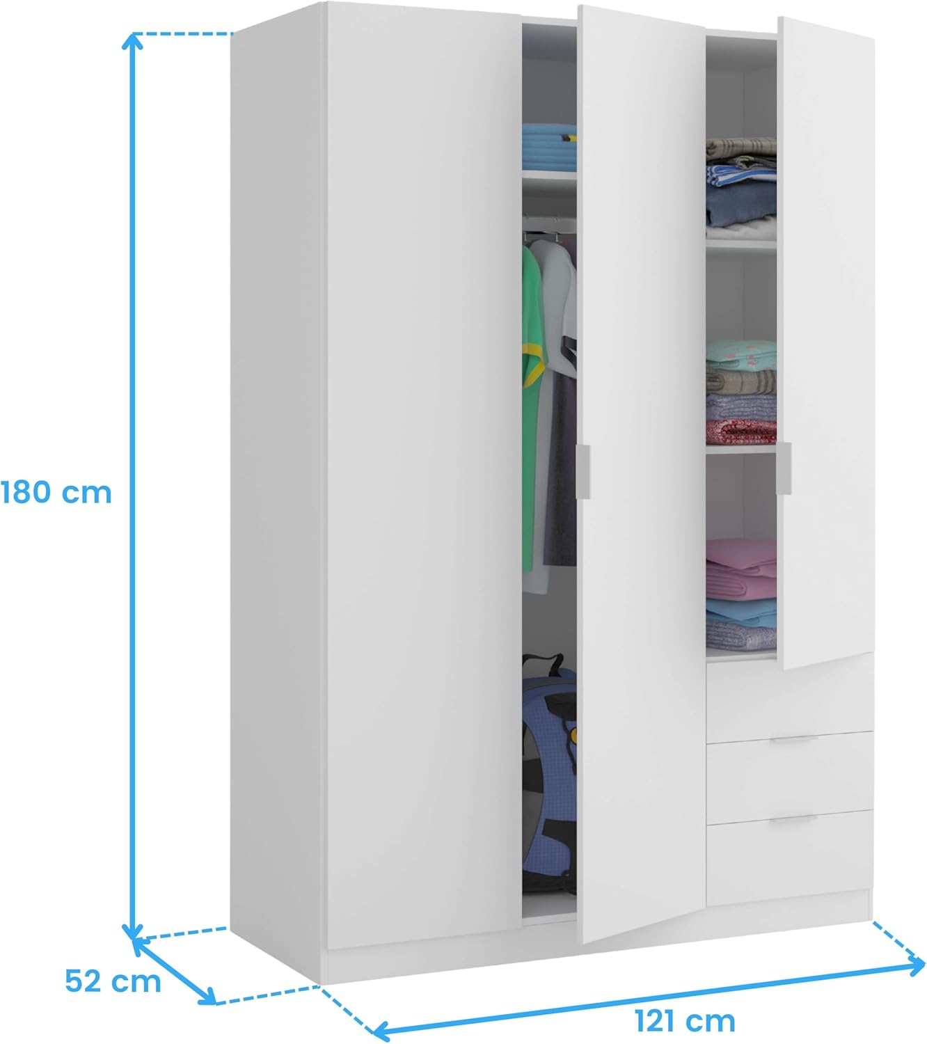 Szafa na ubrania Habitdesign z trzema drzwiami i trzema szufladami, wykończenie w kolorze białym arktycznym, wymiary: 121 cm (szer.) x 180 cm (wys.) x 52 cm (gł.)