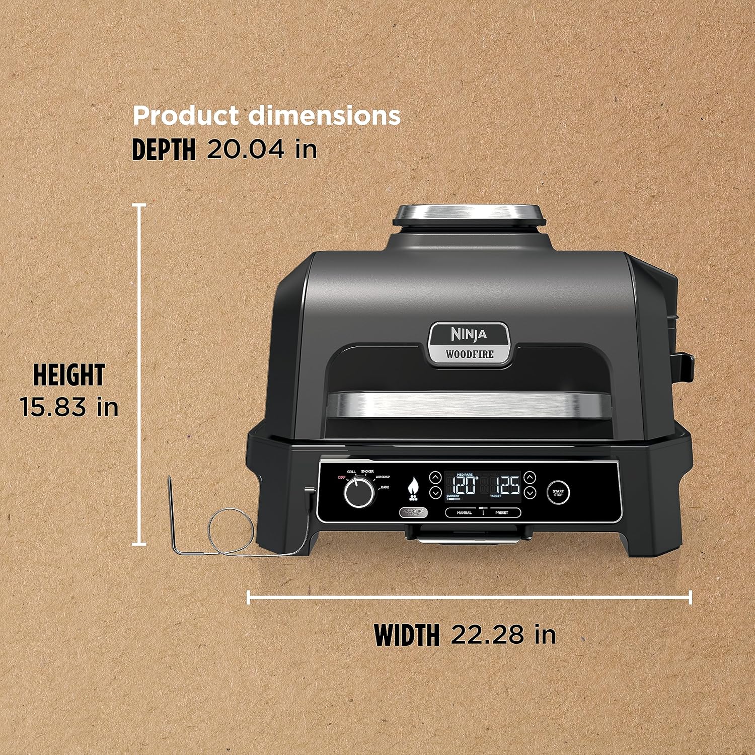 2026 Parrilla y ahumador exterior Ninja Woodfire Pro XL, termómetro, master grill 4 en 1, barbacoa ahumador, freidora de aire exterior, horno, portátil, parrilla eléctrica, gris oscuro, modelo OG850