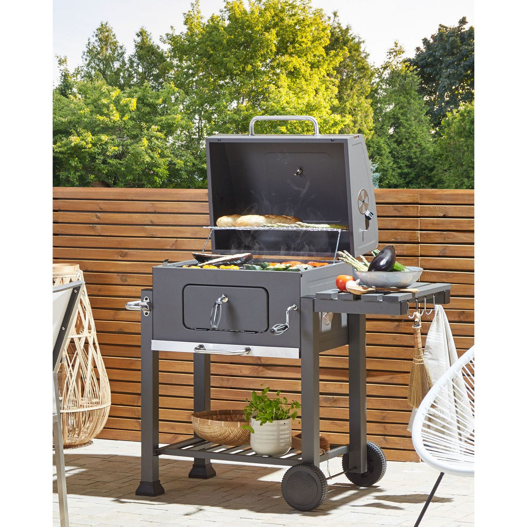 Charcoal BBQ grill, steel grey, with lid, grate, wheels, 2 shelves, thermometer, removable ash tray, Garden Pavlof - grey