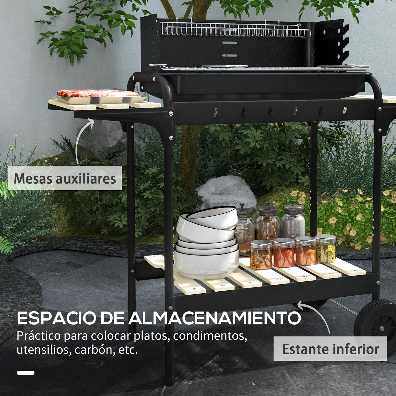 Grill węglowy Outsunny, metalowy, sosnowy, 103x47x95 cm, czarny