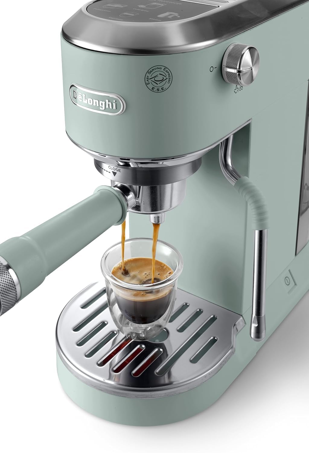 De'Longhi Dedica – Stainless Steel Pump Espresso Coffee Machine for Ground Coffee or Pods, Espresso and Cappuccino, 1.3 L Tank, Anti-Drip System, Model EC685.M, Metallic Colour