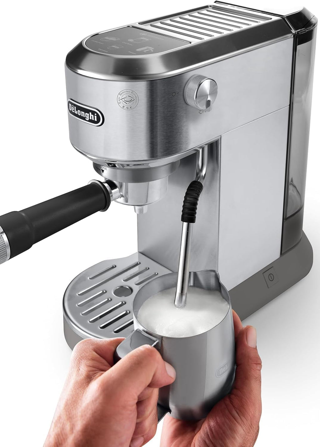 De'Longhi Dedica – Stainless Steel Pump Espresso Coffee Machine for Ground Coffee or Pods, Espresso and Cappuccino, 1.3 L Tank, Anti-Drip System, Model EC685.M, Metallic Colour