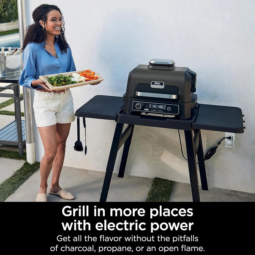 2026 Parrilla y ahumador exterior Ninja Woodfire Pro XL, termómetro, master grill 4 en 1, barbacoa ahumador, freidora de aire exterior, horno, portátil, parrilla eléctrica, gris oscuro, modelo OG850